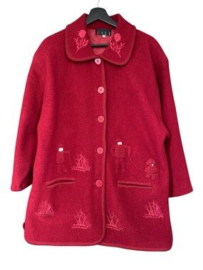 Bali Red Embroidered Cottagecore Spring Wool Pea Coat